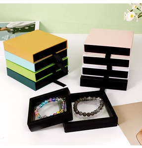 Detailed view of colorful drawer jewelry boxes with PE film suspension display