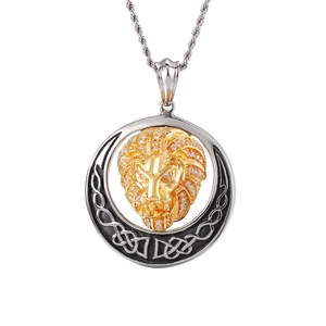 Lion Head Pendant Necklace Stainless Steel Two-Tone Encrusted Rhinestone Hollow Celtic Knot Hip Hop Jewelry For Men