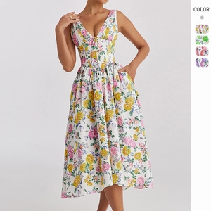 Women Floral Midi Dress V Neck Sleeveless Polyester A Line Summer Resort Dress With Pockets