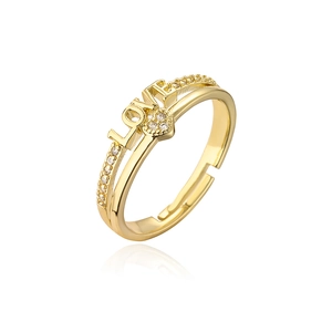 Detail of 18K gold plated LOVE ring with zircon heart and adjustable open design