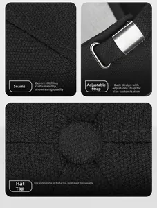 Detailed macro view of black baseball cap stitching and adjustable metal buckle strap