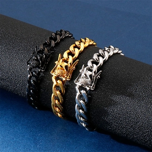 Three-color stainless steel Cuban link bracelets in black, gold and silver finishes