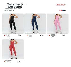 Matrix layout showing yoga bodysuits in black, navy, pink, and raspberry red colors