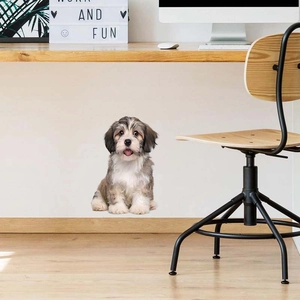 Realistic 3D dog wall sticker showing a cute puppy applied to a home office wall corner