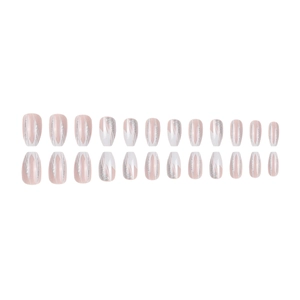 24pcs nude pink French tip press-on nails with white blocks and silver glitter lines