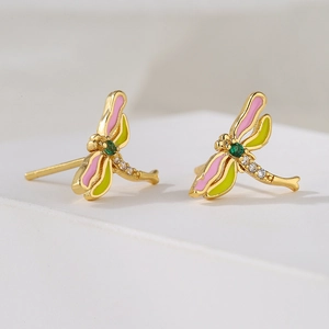 Gold-plated dragonfly stud earrings with pink enamel wings and sparkling zircon accents