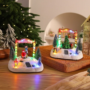 Boîte À Musique De Noël Maison De Neige Ornement En Résine Lumière LED Train Rotatif Musical Scène De Balançoire Décoration De Table