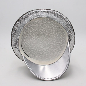 Silver sequin party hat with mirror brim and white inner lining for wedding performances