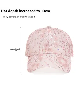 Detail view of pink mesh baseball cap showing 13cm crown depth and floral embroidery
