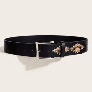 Punk leopard print leather belt with silver square buckle and round metal studs