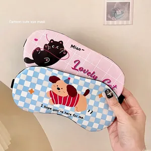 Two-pack of cute cartoon sleep masks featuring black cat and puppy designs with elastic straps
