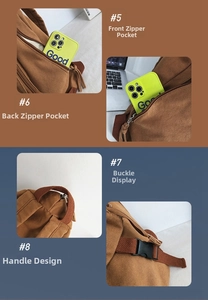 Detailed views of brown canvas backpack featuring front zipper pocket and buckle design