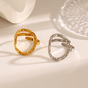Hammered Stainless Steel Ring Irregular Hollow Round Adjustable Open Finger Jewelry Minimalist Vintage Style For Women