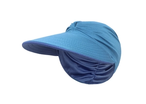 Close-up of peacock blue sun hat with wide brim and elastic quick-dry fabric details