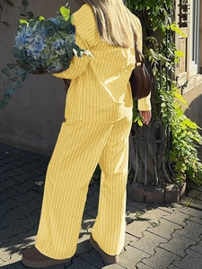 Women's casual yellow striped resort set with long sleeve shirt and wide leg trousers