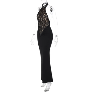 Close-up of black lace patchwork and backless halter design on a slim-fit maxi dress