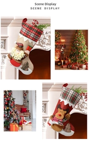 Detail of Christmas stockings with Santa and reindeer plush hanging by a fireplace