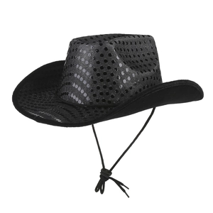 Side view of a black sequined cowboy hat featuring a drawstring for stage performances.