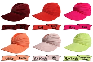 Women's UV protection sun hats shown in wine red, red, rose, orange, pink and yellow