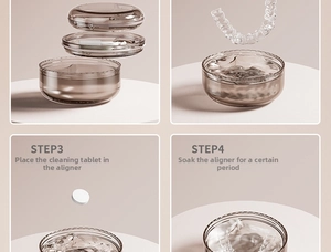 Detailed view of grey orthodontic retainer case with tiered strainer for cleaning steps