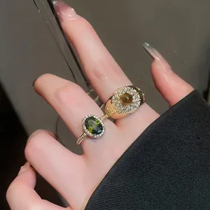 Vintage Open Ring 18K Gold Plated Copper With Zircon And Tiger Eye Stone Retro Luxury Jewelry For Women
