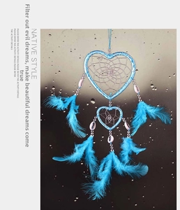 Detail of blue double heart dreamcatcher with soft feathers and delicate beads