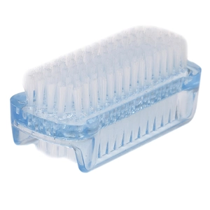 Close-up of dual-sided medical scrub brush with white bristles and blue plastic handle