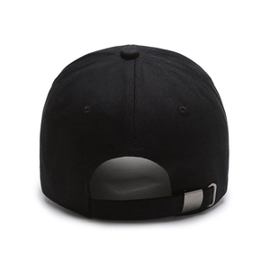 Rear view of black cotton baseball cap showing silver metal buckle adjustment strap