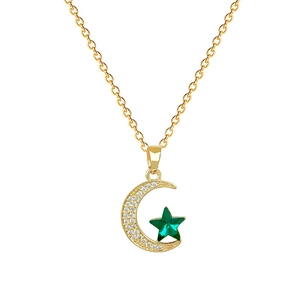 Titanium steel gold necklace featuring crescent moon and green star crystal pendant