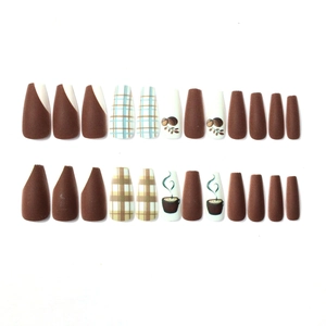 Long ballet press-on nails with dark brown plaid design and matte coffee patterns