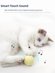 Close-up of smart interactive yellow cat toy ball with touch-activated sound sensors