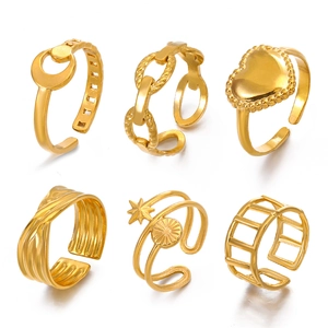 18K gold plated stainless steel star moon rings set with adjustable open design