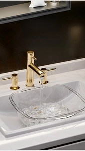 Detail view of PET transparent washbasin showing heat-resistant and non-toxic material