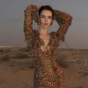 Sexy chiffon leopard print long sleeve maxi dress with ruffled slit and cutout details