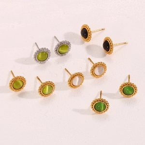Minimalist 18K gold plated stainless steel sun cat-eye stone hoop earrings set