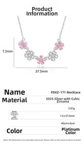 Detail view of S925 silver pink cherry blossom necklace with cubic zirconia dimensions