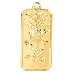 Detail of a rectangular gold rose pendant with embossed sunburst and floral patterns