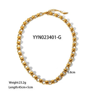 Golden titanium steel beaded necklace with 0.8cm solid spheres and 45cm chain length