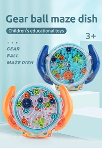 Detail showing gear ball maze puzzle toys in blue and orange colors for children
