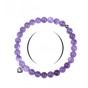 Amethyst 6mm natural stone beaded bracelet with silver heart pendant on white background