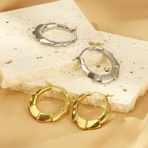 Boucles D'oreilles Créoles Texture Bambou Acier Inoxydable Rond Bijoux Haut De Gamme Pour Femmes Accessoire Tendance