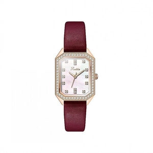 Elegant women's octagonal rose gold watch with diamond bezel and burgundy leather strap