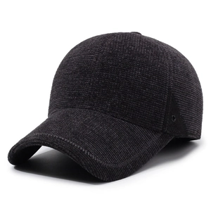 Winter corduroy baseball cap for men with warm ear protection in dark grey color