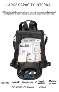 Detail of the anti-theft backpack interior showing large capacity for iPad and essentials