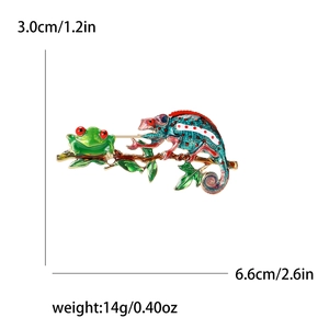 Enamel chameleon and frog brooch on a branch with dimensions and weight info