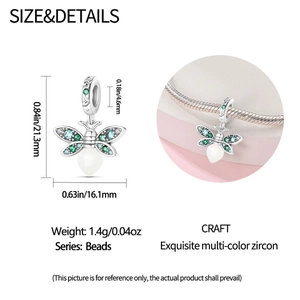 Vue détaillée de la perle luciole lumineuse avec zircons bleus et dimensions pour bracelets