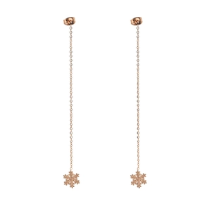 Rose gold chain earrings with double-sided frosted snowflake pendants on white background