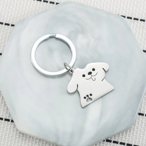 Cute stainless steel puppy keychain with paw print engraving for couples gift