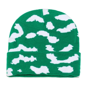 Detail der grünen Strickmütze mit weißen Wolkenmustern und breitem Umschlag am Saum