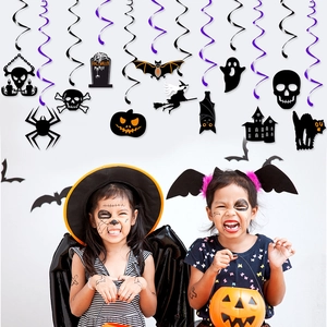 Halloween hanging decorations set with purple spirals and classic spooky paper cutouts